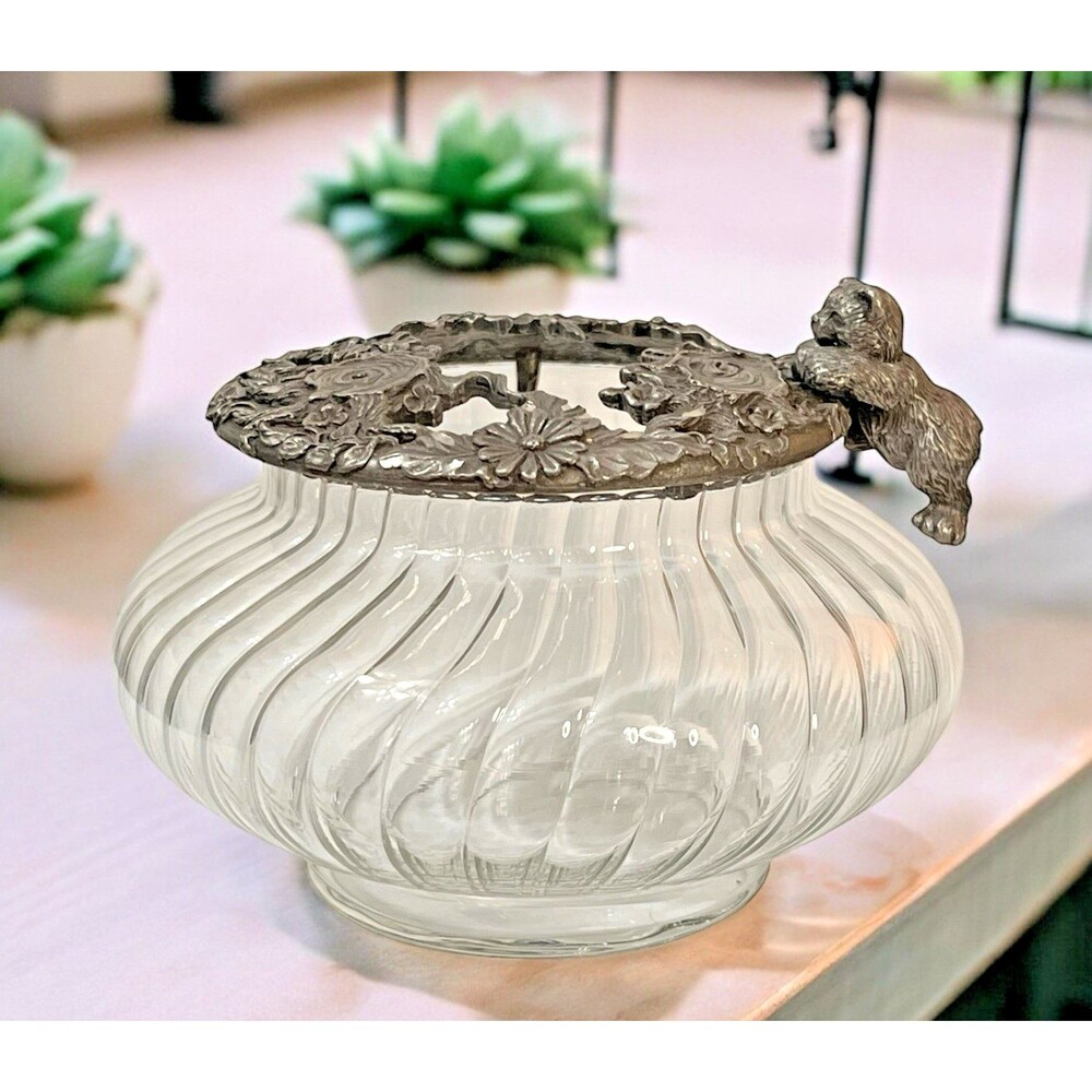 VTG 1992 Rawcliffe Pewter Potpourri Glass Jar w/ Lid CLIMBING BEAR CUB Trinket